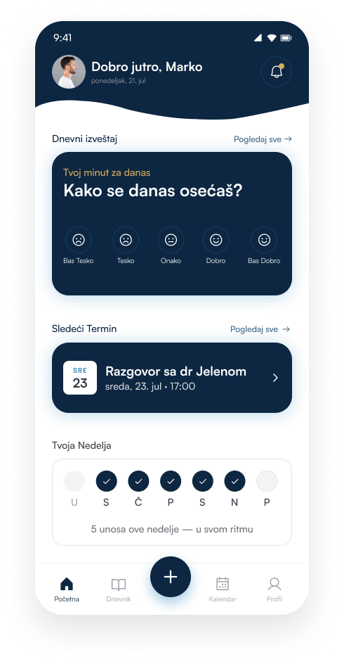 Početni ekran INNERA aplikacije sa dnevnim izveštajem i sledećim terminom